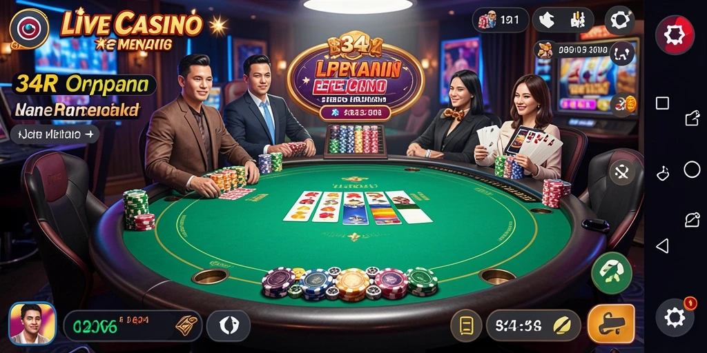 Screenshot gameplay <strong>34R</strong> menampilkan dealer langsung yang beraksi di meja.