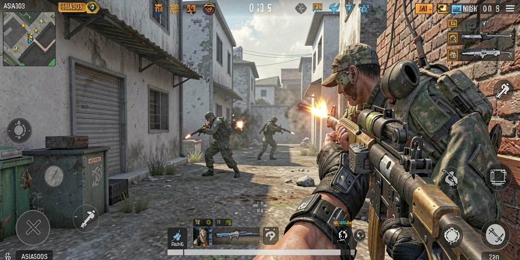 Screenshot menunjukkan aksi seru dalam game ASIA303 FPS.