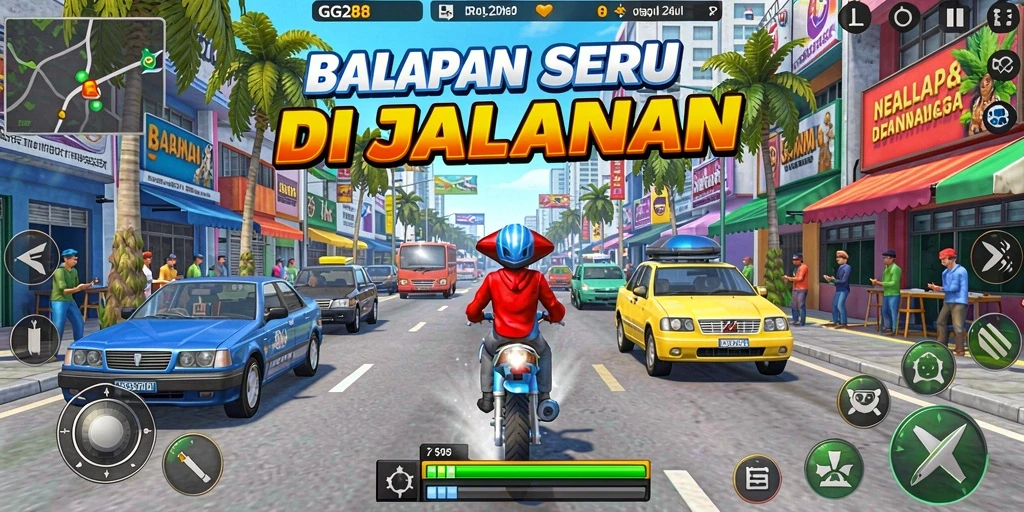 Gameplay intens GG288 dengan aksi balapan yang seru.