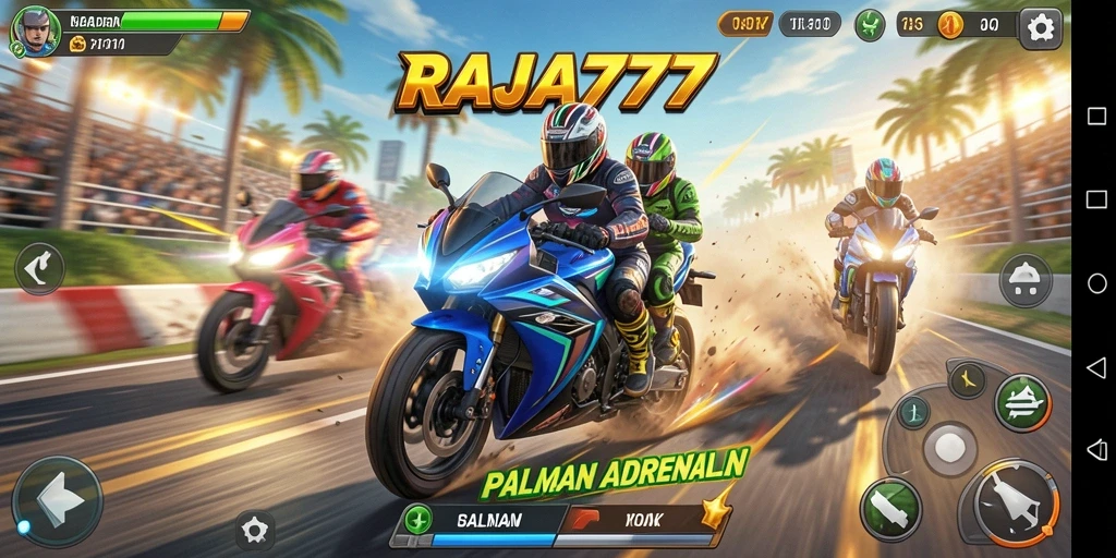 Screenshot utama RAJA777 menampilkan balapan motor di lintasan menantang.